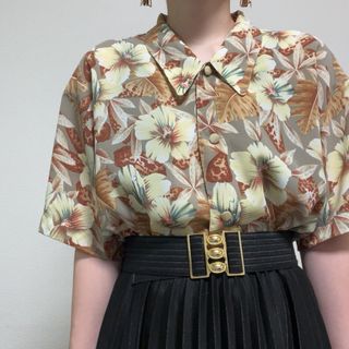 グレー アロハシャツ風 花柄 ハイビスカス 柄シャツ