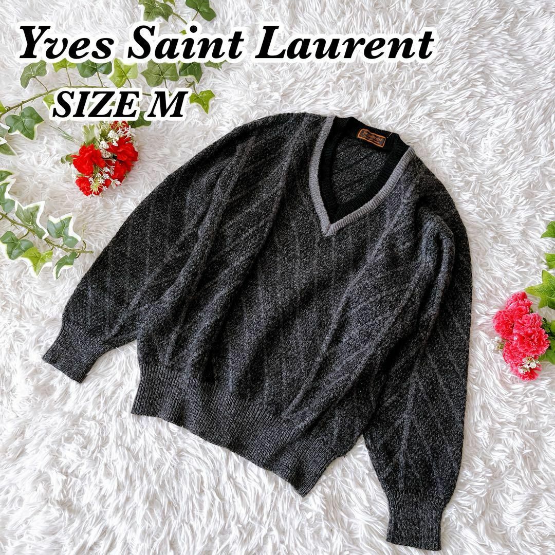 Yves Saint Laurent(イヴサンローラン)の希少　ヴィンテージ　イヴ・サンローラン　Vネック　ウール　ニット　グレー　M メンズのトップス(ニット/セーター)の商品写真