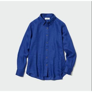 ユニクロ(UNIQLO)の美品 ユニクロ　プレミアムリネンシャツ　リネン100％　XL ブルー(シャツ/ブラウス(長袖/七分))