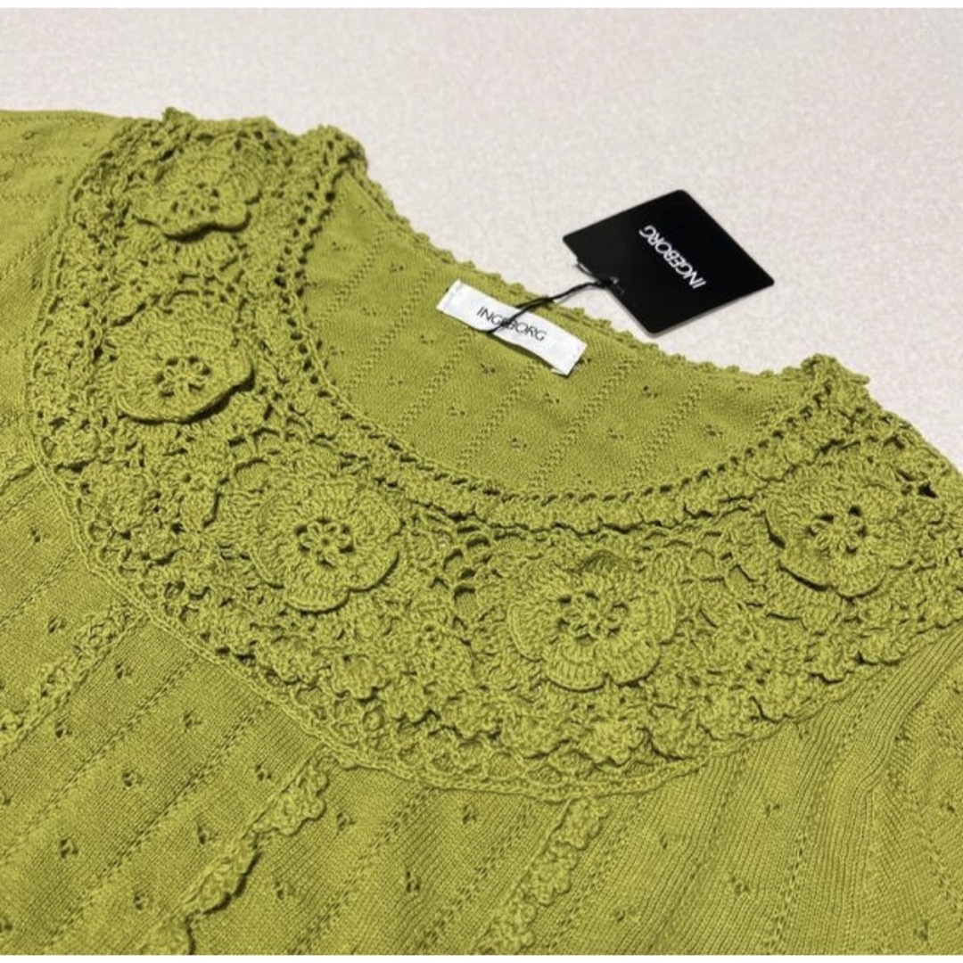INGEBORG(インゲボルグ)のインゲボルグ  フラワーモチーフ装飾　半袖ニット　M   ピスタチオ レディースのトップス(ニット/セーター)の商品写真