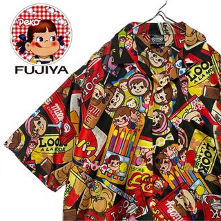 FUJIYA 不二家 ペコちゃん 総柄 開襟 オープンカラー アロハ シャツ L