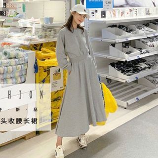 ❤️大人気❤️Aライン ワンピース ロング 無地 プルオーバー シンプル グレー(ロングワンピース/マキシワンピース)