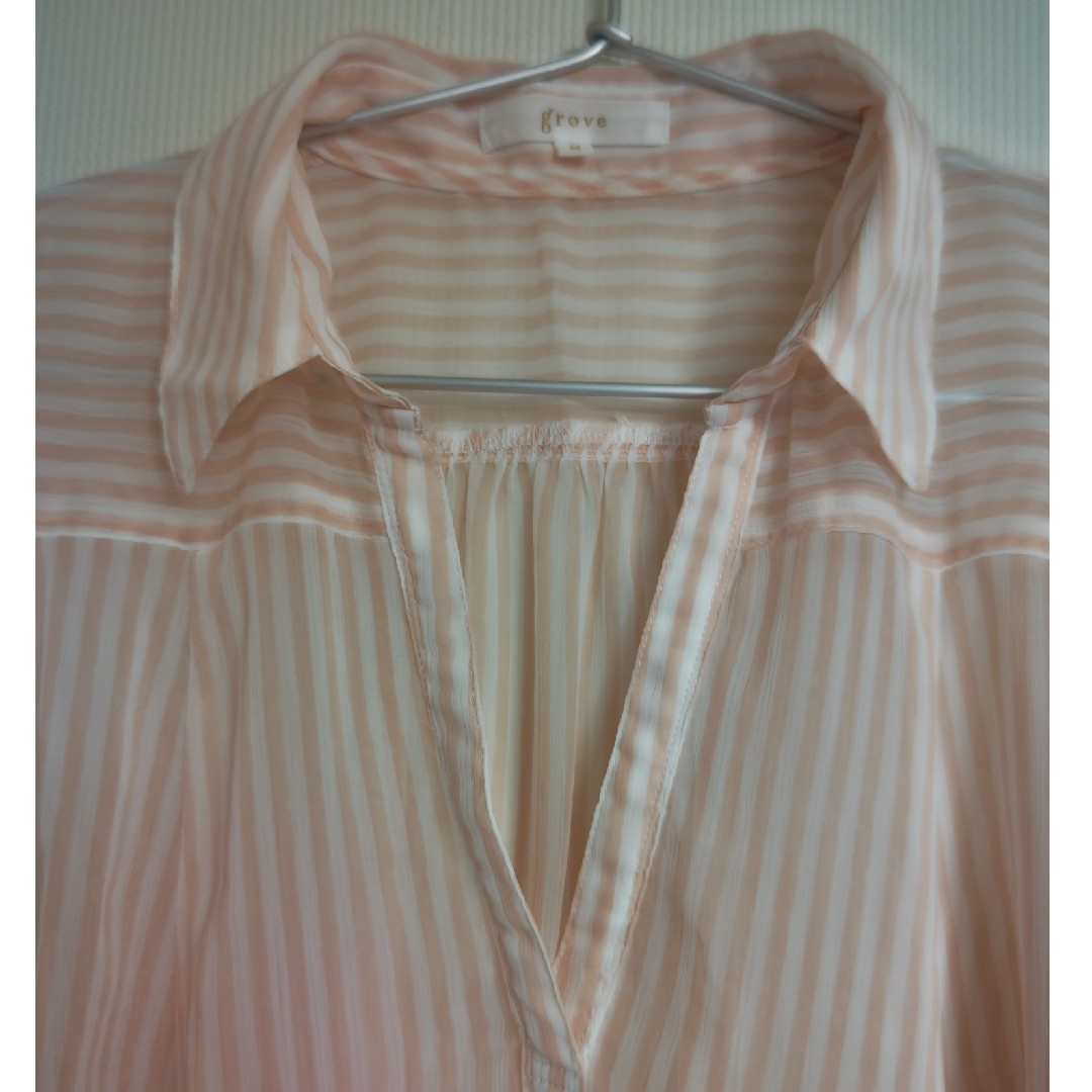 grove(グローブ)のgrove 5分袖オレンジ系ストライプシャツ M レディースのトップス(シャツ/ブラウス(長袖/七分))の商品写真