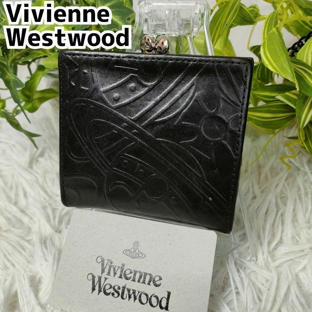 Vivienne Westwood(ヴィヴィアンウエストウッド)のヴィヴィアンウエストウッド 二つ折り財布 がま口 ブラック オーブリピート 総柄 レディースのファッション小物(財布)の商品写真