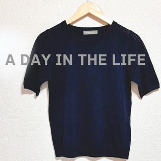 アデイインザライフ(a day in the life)のA DAY IN THE LIFE　ニットトップス　半袖　ネイビー(ニット/セーター)