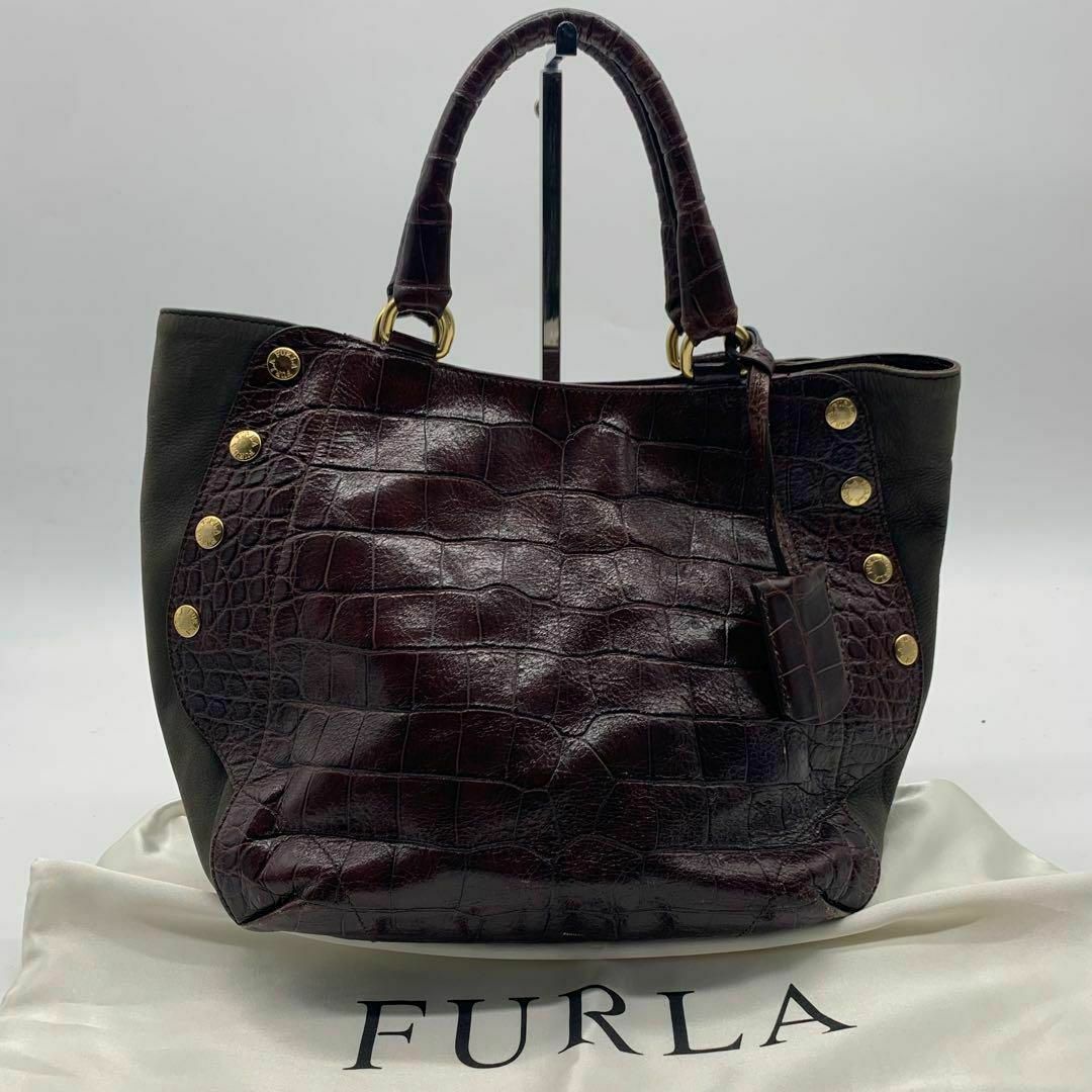 Furla(フルラ)のフルラ クロコ型押し ハンドバッグ ブラウン 茶色 保存袋付き レディースのバッグ(ハンドバッグ)の商品写真