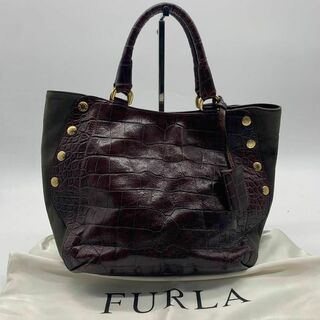 フルラ(Furla)のフルラ クロコ型押し ハンドバッグ ブラウン 茶色 保存袋付き(ハンドバッグ)
