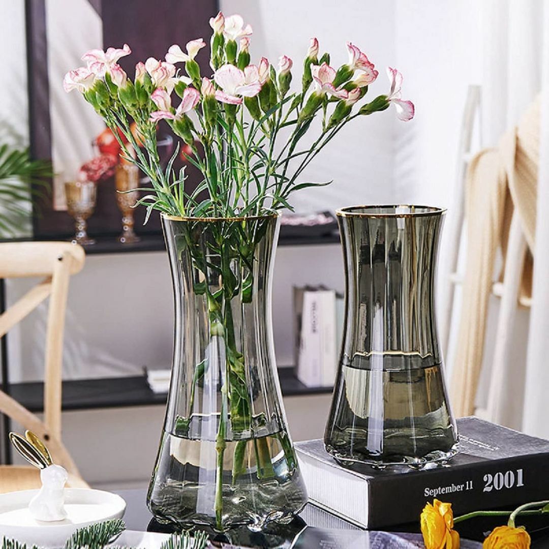 【色: グレー+金縁-28cm】ガラス フラワーベース 花瓶 北欧 30cm 花 その他のその他(その他)の商品写真