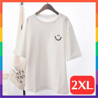 スマイル ワンポイント Tシャツ ゆったり 大きめ オーバーサイズ 白 2XL