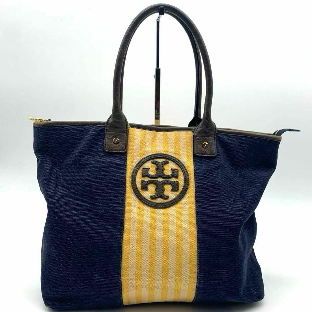 Tory Burch(トリーバーチ)のトリーバーチ キャンバス レザー トートバッグ デカロゴ ネイビー　ブラウン レディースのバッグ(トートバッグ)の商品写真