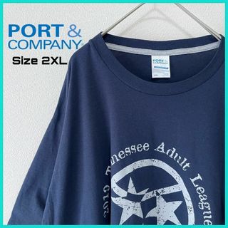 ポートカンパニー Tシャツ 古着 2XL ゆるダボ プリント柄 紺/43