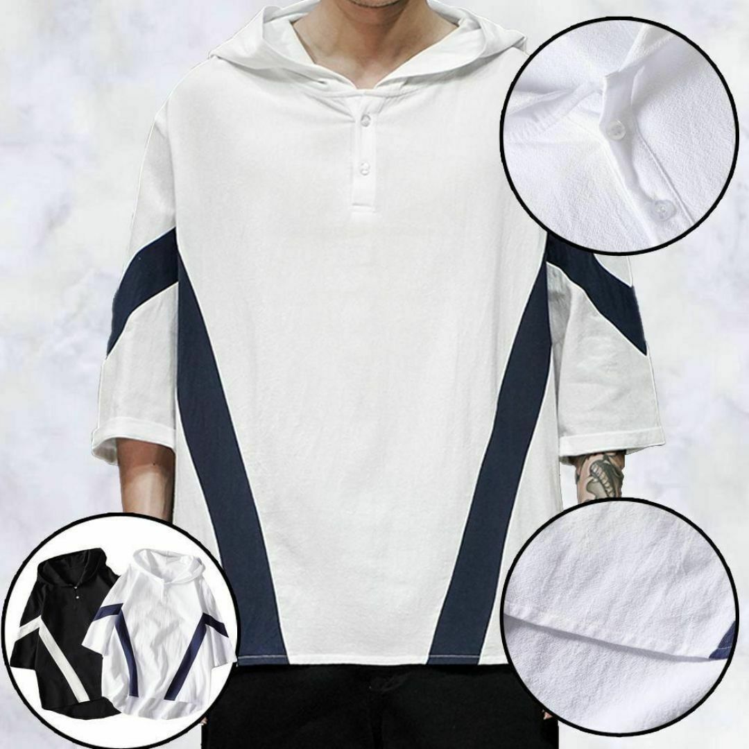 Lサイズ Tシャツ メンズ フード付 無地 半袖 五分袖 パーカー カジュアル メンズのトップス(Tシャツ/カットソー(半袖/袖なし))の商品写真