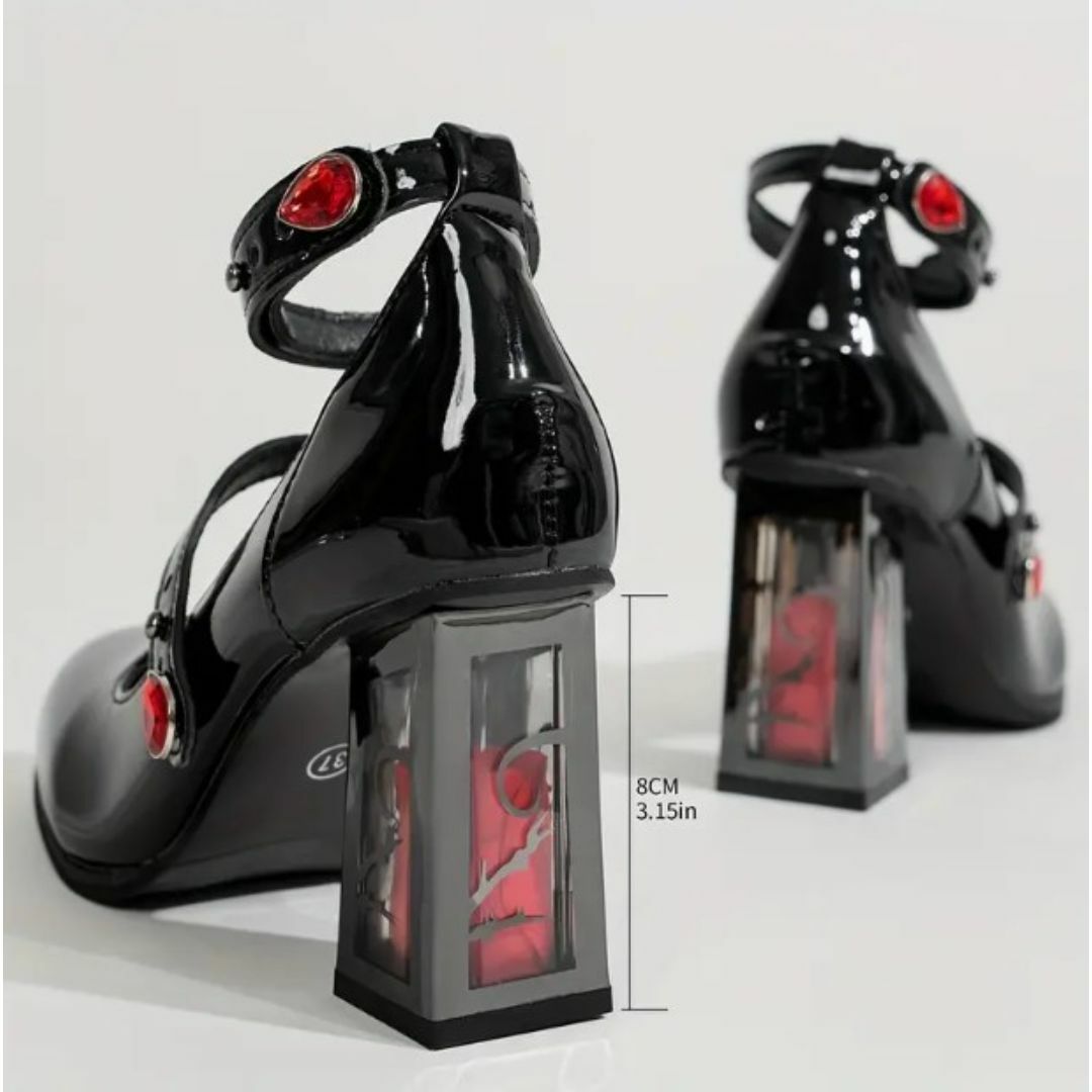 新品・薔薇デザインブロックヒールハイヒールパンプス透けローズ25.5黒ゴスロリ系 レディースの靴/シューズ(ハイヒール/パンプス)の商品写真