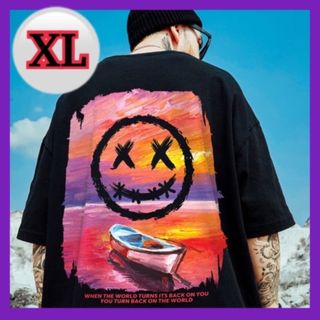 【大人気】XLサイズ スマイル  プリント 黒 男女兼用(Tシャツ/カットソー(半袖/袖なし))