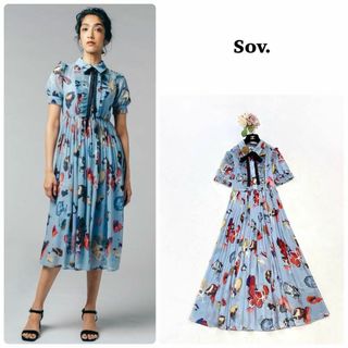 ダブルスタンダードクロージング(DOUBLE STANDARD CLOTHING)の【Sov.】オリジナルプリント　シフォンワンピース　ボウタイ　花柄　半袖　38(ロングワンピース/マキシワンピース)