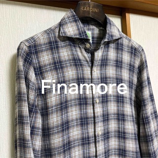 【美品】Finamore フィナモレ　ネイビー×グレー　チェック　リネンシャツ