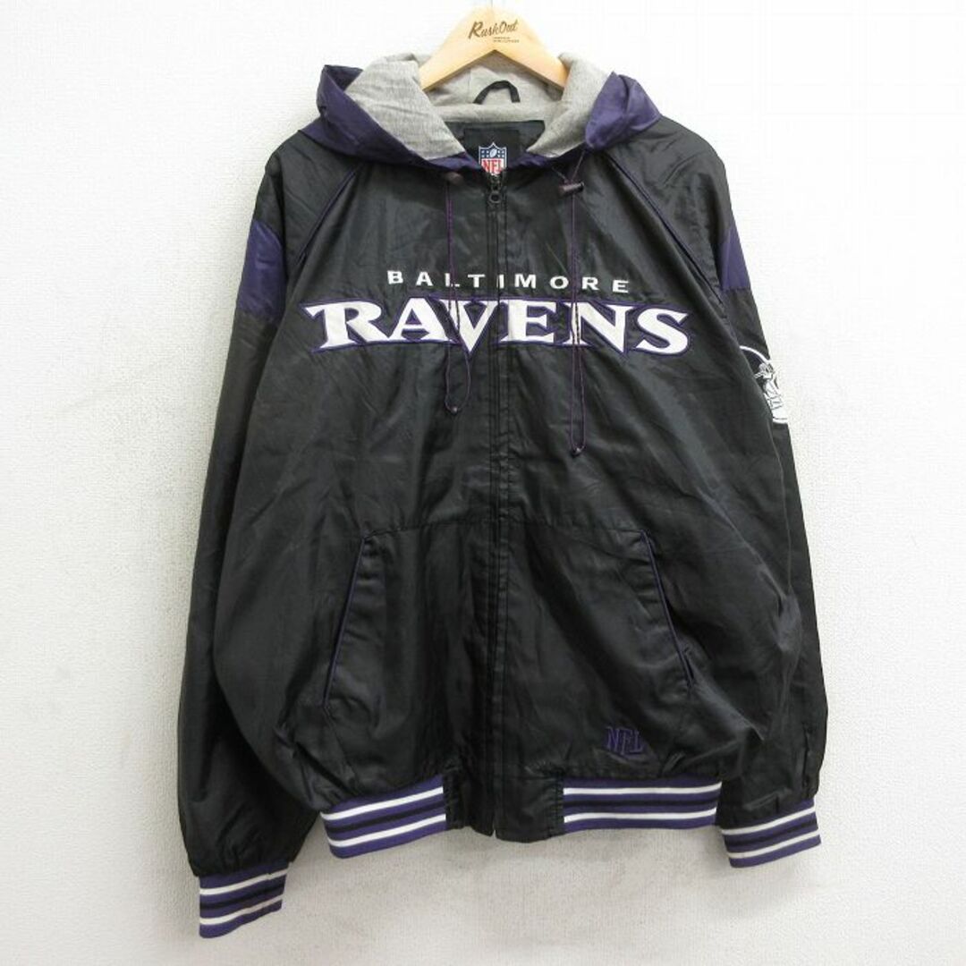 XL★古着 長袖 ジャケット パーカー メンズ 00年代 00s NFL ボルチモアレイブンズ リップストップ 黒他 ブラック アメフト スーパーボウル 24may11 中古 アウター ジャンパー ブルゾン メンズのジャケット/アウター(ダッフルコート)の商品写真