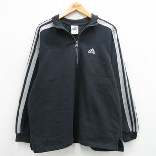 アディダス(adidas)のXL★古着 アディダス adidas 長袖 ハーフジップ スウェット メンズ 90年代 90s ワンポイントロゴ ラグラン 黒他 ブラック 3本ライン 24may11 中古 スエット トレーナー トップス(パーカー)