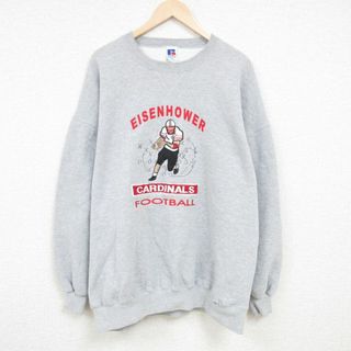 XL★古着 ラッセル 長袖 スウェット メンズ 90年代 90s フットボール 刺繍 大きいサイズ クルーネック USA製 グレー 霜降り 24may11 中古 スエット トレーナー トップス(パーカー)