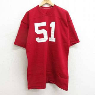 XL★古着 ラッセル 半袖 ビンテージ フットボール Tシャツ メンズ 70年代 70s CAMP 51 ロング丈 メッシュ地 Vネック USA製 赤 レッド ユニフォーム ゲームシャツ 24may11 中古(Tシャツ/カットソー(半袖/袖なし))