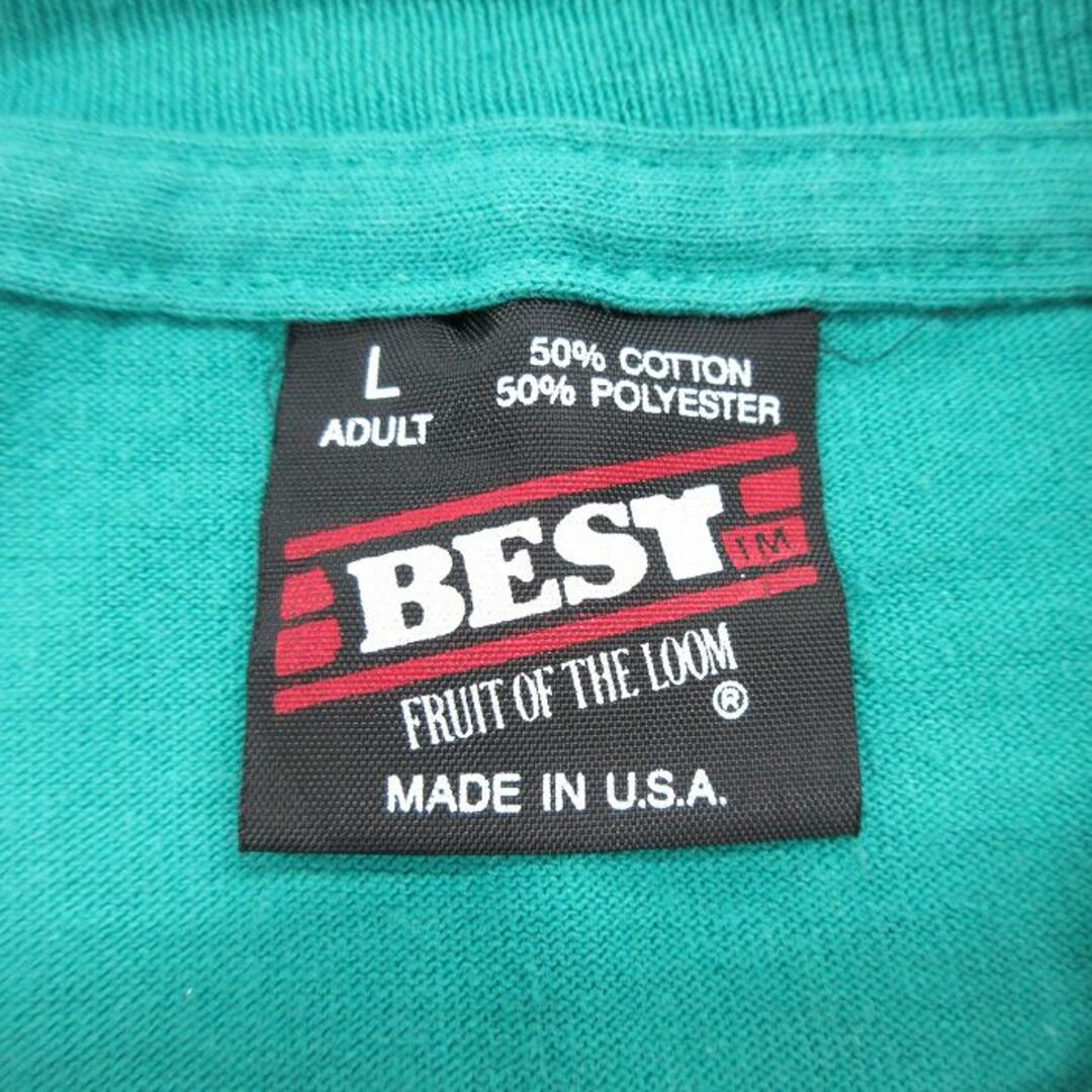 FRUIT OF THE LOOM(フルーツオブザルーム)のL★古着 フルーツオブザルーム 半袖 ビンテージ Tシャツ メンズ 90年代 90s St.Benedice クルーネック USA製 青緑 24may11 中古 メンズのトップス(Tシャツ/カットソー(半袖/袖なし))の商品写真