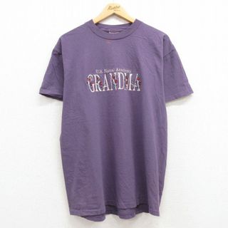 XL★古着 半袖 ビンテージ Tシャツ メンズ 90年代 90s GRANDMA 花 刺繍 コットン クルーネック USA製 紫 パープル 24may11 中古(Tシャツ/カットソー(半袖/袖なし))