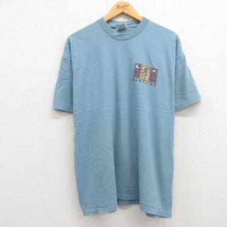 ヘインズ(Hanes)のXL★古着 ヘインズ Hanes 半袖 ビンテージ Tシャツ メンズ サンタフェ ココペリ ホピ族 コットン クルーネック 薄紺 ネイビー 24may11 中古(Tシャツ/カットソー(半袖/袖なし))