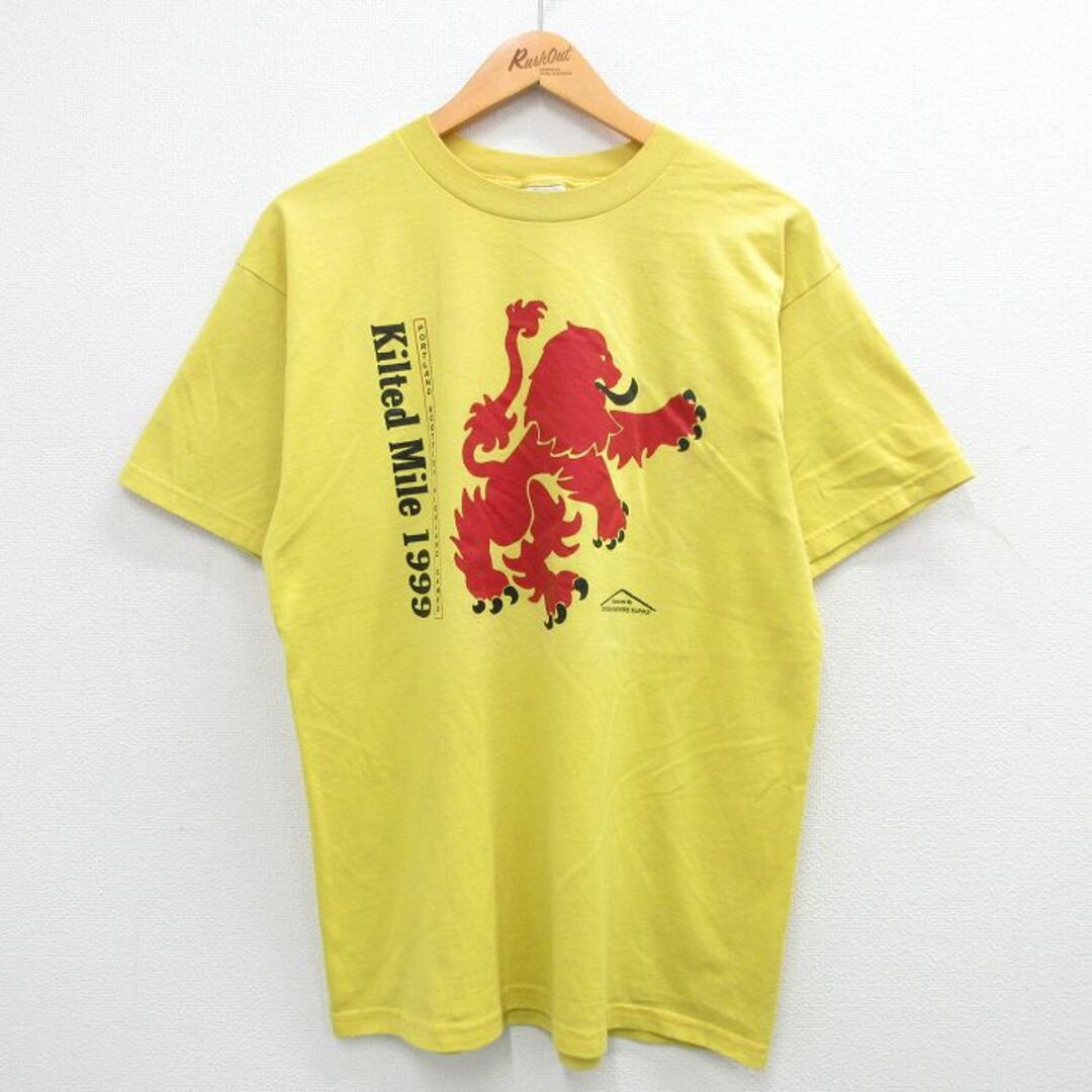 FRUIT OF THE LOOM(フルーツオブザルーム)のL★古着 フルーツオブザルーム 半袖 ビンテージ Tシャツ メンズ 90年代 90s Kilted Mile クルーネック 黄 イエロー 24may11 中古 メンズのトップス(Tシャツ/カットソー(半袖/袖なし))の商品写真