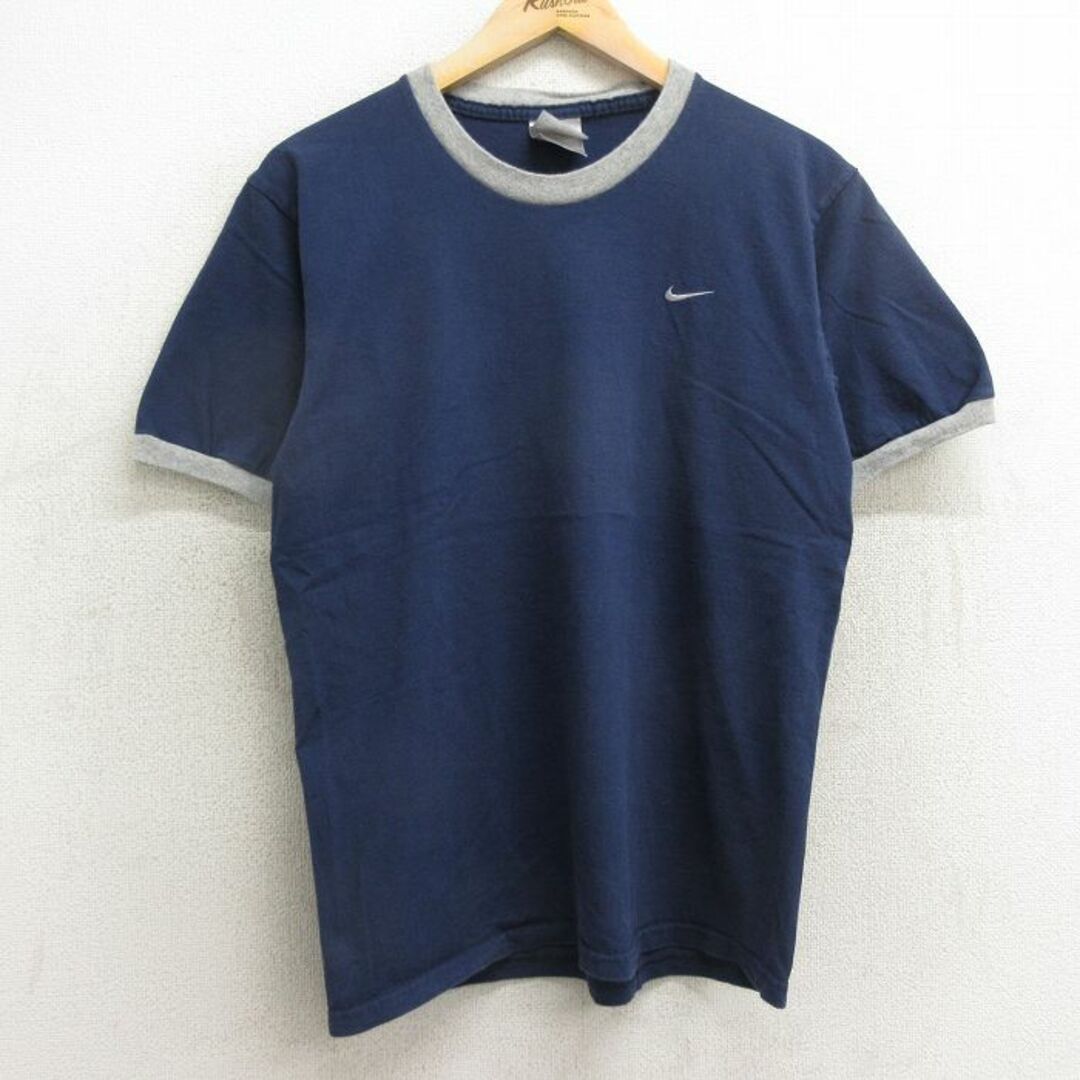 NIKE(ナイキ)のM★古着 ナイキ NIKE 半袖 ビンテージ Tシャツ メンズ 90年代 90s ワンポイントロゴ コットン クルーネック USA製 紺他 ネイビー リンガー 24may11 中古 メンズのトップス(Tシャツ/カットソー(半袖/袖なし))の商品写真