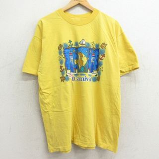 XL★古着 半袖 ビンテージ Tシャツ メンズ 90年代 90s 魚 カーニバル 大きいサイズ クルーネック 黄 イエロー 24may11 中古(Tシャツ/カットソー(半袖/袖なし))