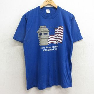 L★古着 半袖 ビンテージ Tシャツ メンズ 80年代 80s 星条旗 クルーネック USA製 青 ブルー 24may11 中古(Tシャツ/カットソー(半袖/袖なし))