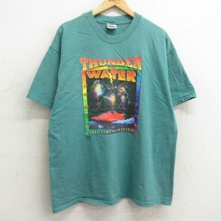 ヘインズ(Hanes)のXL★古着 ヘインズ Hanes 半袖 ビンテージ Tシャツ メンズ 00年代 00s ボート サンダー スタッフ コットン クルーネック 緑 グリーン 24may11 中古(Tシャツ/カットソー(半袖/袖なし))