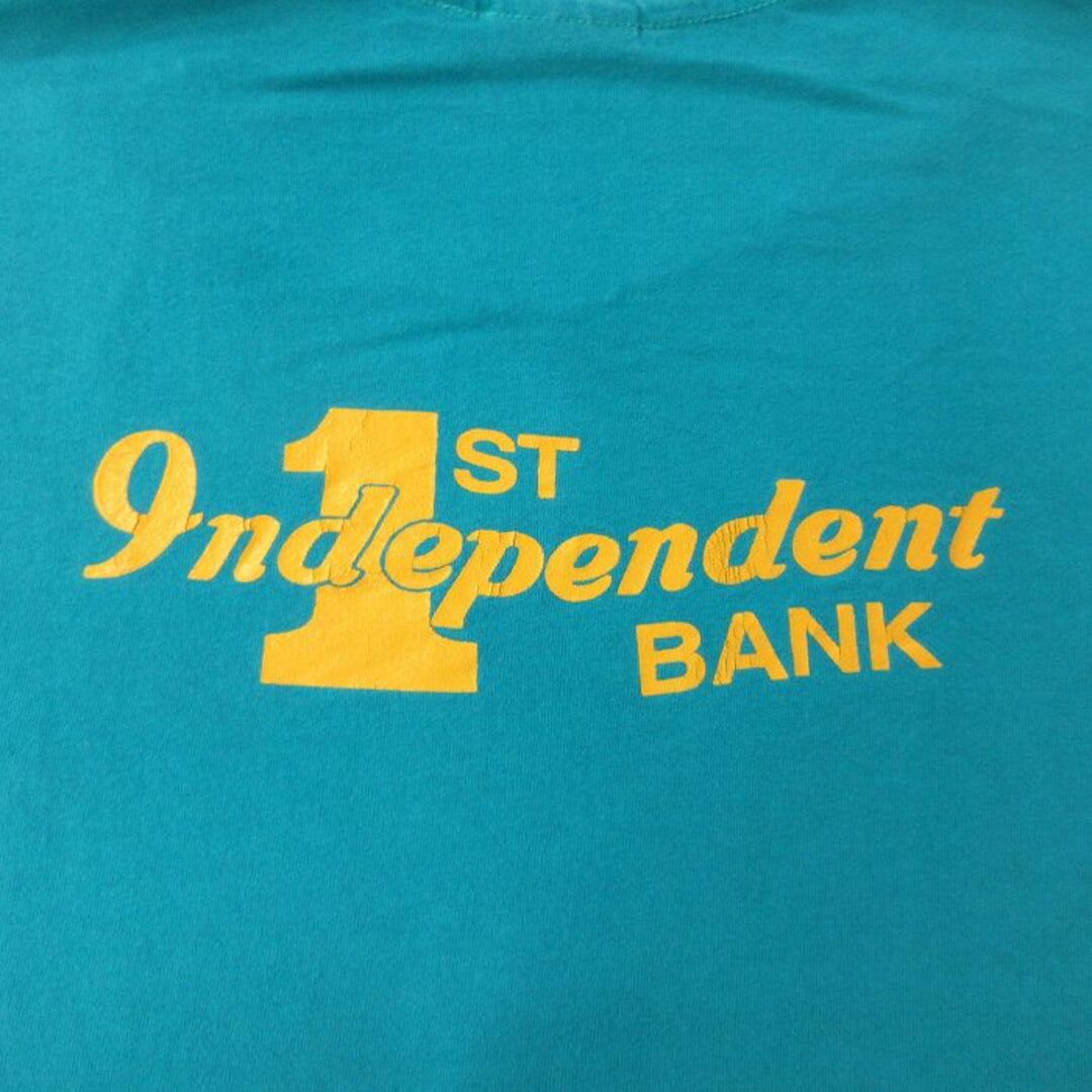 Hanes(ヘインズ)のXL★古着 ヘインズ Hanes 半袖 ビンテージ Tシャツ メンズ 90年代 90s 花 マラソン BANK 大きいサイズ コットン Kuru USA製 青緑 24may11 中古 メンズのトップス(Tシャツ/カットソー(半袖/袖なし))の商品写真