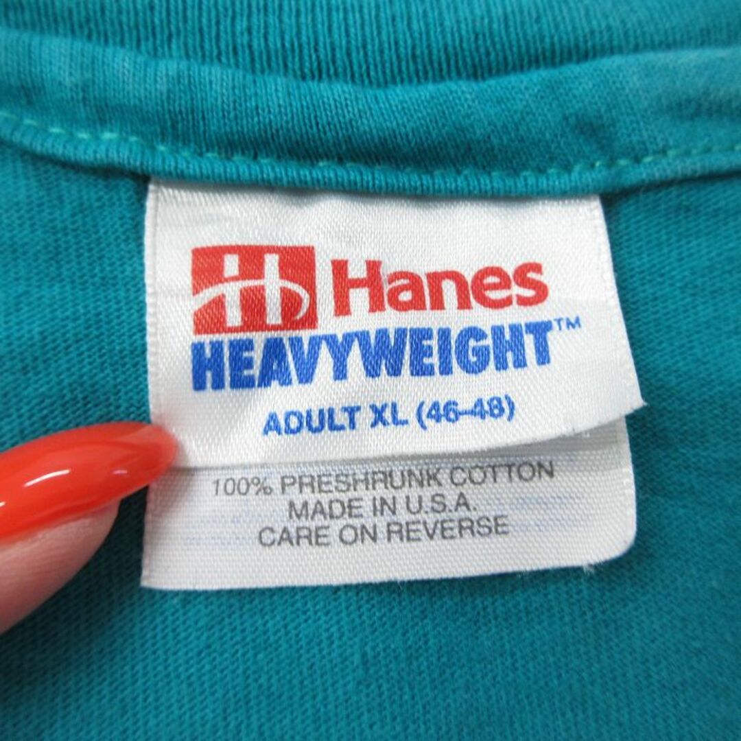 Hanes(ヘインズ)のXL★古着 ヘインズ Hanes 半袖 ビンテージ Tシャツ メンズ 90年代 90s 花 マラソン BANK 大きいサイズ コットン Kuru USA製 青緑 24may11 中古 メンズのトップス(Tシャツ/カットソー(半袖/袖なし))の商品写真