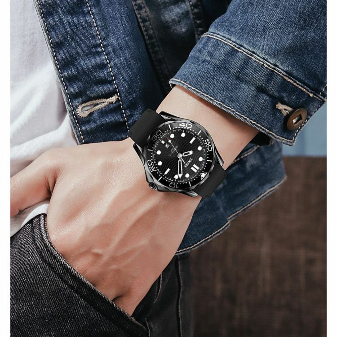 日本製ムーブメント 防水メンズアナログ腕時計 ブラック×ブラックシリコン 日付 メンズの時計(腕時計(アナログ))の商品写真
