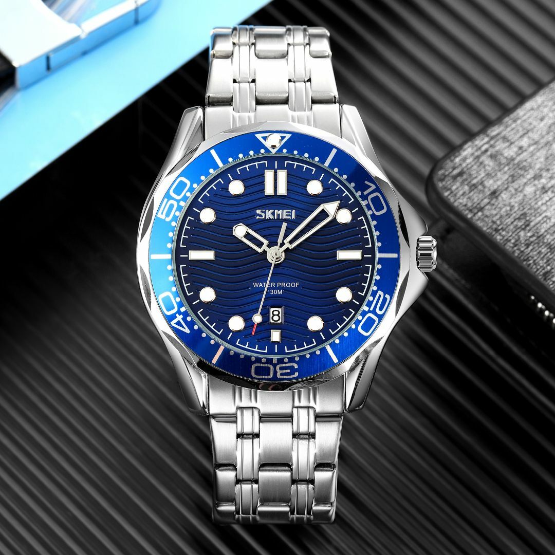 日本製ムーブメント 防水メンズアナログ腕時計 シルバー×ブルー ステンレス日付 メンズの時計(腕時計(アナログ))の商品写真