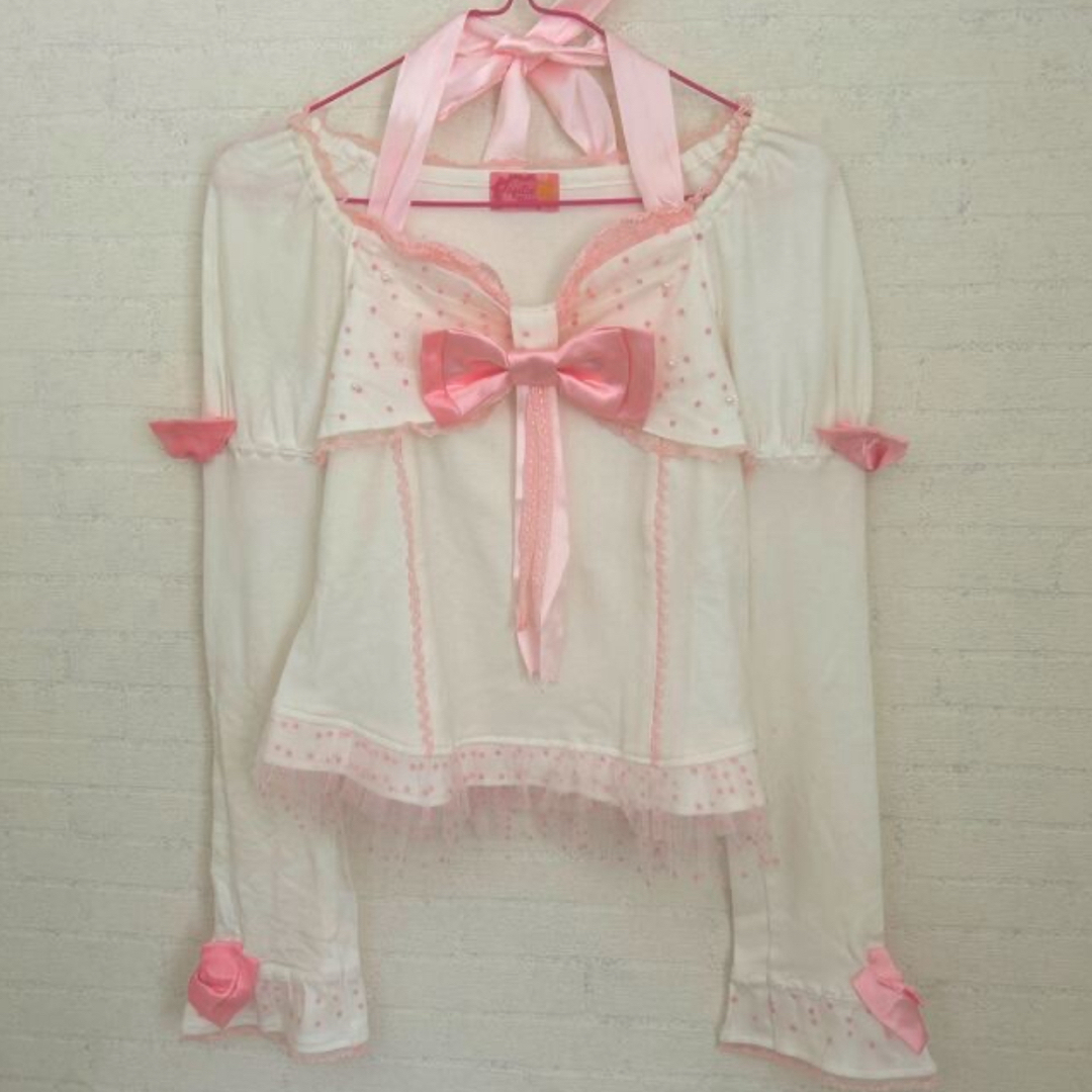 Angelic Pretty(アンジェリックプリティー)の新品　アンジェリックプリティ　カットソー　リボン　寝　ピンク　チュール　 レディースのトップス(カットソー(長袖/七分))の商品写真