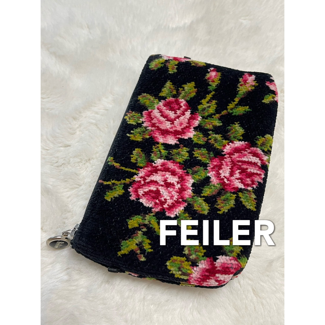 FEILER(フェイラー)のフェイラー　FEILER 花柄　ポーチ　黒　ブラック　美品 レディースのファッション小物(ポーチ)の商品写真