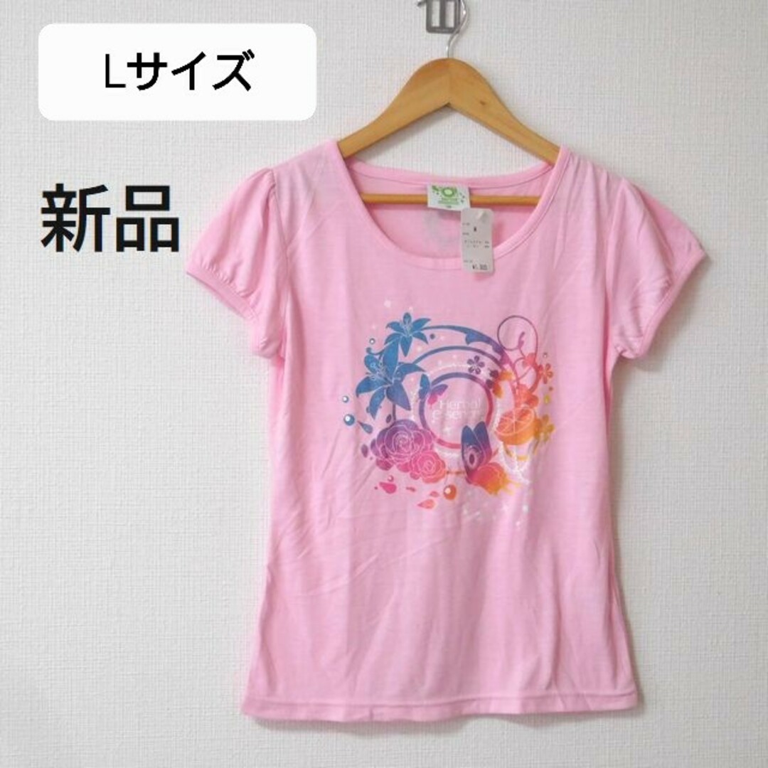 L サイズ 新品  半袖プリントＴシャツ　レディース ピンク 色　シャツ 夏服 レディースのトップス(Tシャツ(半袖/袖なし))の商品写真