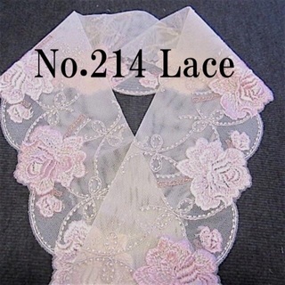No.214♪レース半襟♪淡いピンクチュールに薔薇とリボン刺繍♪ハンドメイド半衿(和装小物)