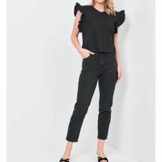 ザラ(ZARA)のZARA♡フリル袖カットソー♡ブラックM♡シンプルコーデ♡美品♡ザラ♡(カットソー(半袖/袖なし))