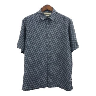 PERRY ELLIS ペリー エリス 総柄 シルク 半袖シャツ ネイビー (メンズ L) 中古 古着 Q6388(シャツ)