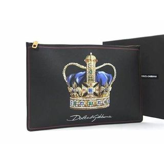 ドルチェアンドガッバーナ(DOLCE&GABBANA)の■極美品■ DOLCE＆GABBANA ドルチェ&amp;ガッバーナ レザー クラウン クラッチバッグ セカンドバッグ マルチポーチ　ブラック系 AZ1344 (ビジネスバッグ)