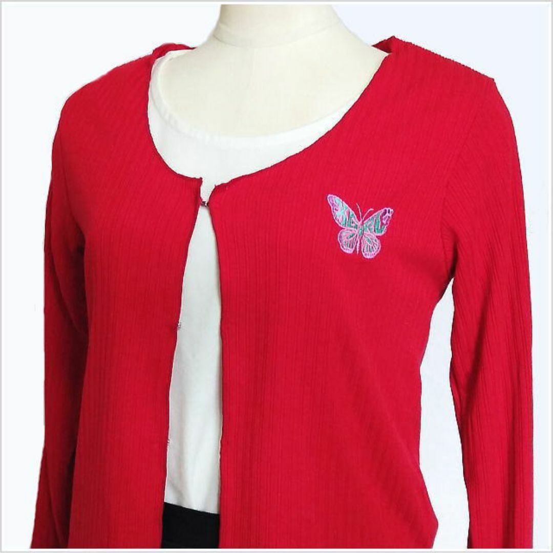 X-girl(エックスガール)の未使用〈X-girl〉赤蝶々刺繍カーディガン 長袖 薄手 バタフライ M レディースのトップス(カーディガン)の商品写真