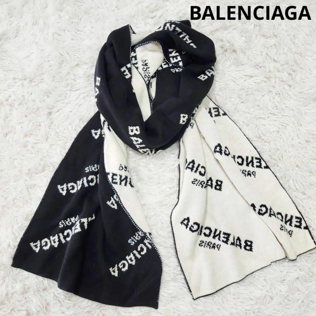 Balenciaga(バレンシアガ)の【美品】バレンシアガ マフラー ロゴ リピート バイカラー ユニセックス 黒 白 メンズのファッション小物(マフラー)の商品写真