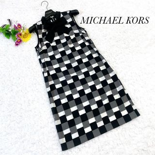 マイケルコース(Michael Kors)のマイケルコース⭐️ボウタイ ワンピース チュニック モノトーン市松柄リボンXXS(ひざ丈ワンピース)