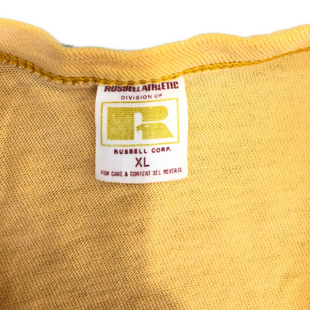 70年代 USA製 RUSSELL ATHLETIC ラッセル イラスト 半袖Ｔシャツ ヴィンテージ イエロー (メンズ XL) 中古 古着 Q6420 メンズのトップス(Tシャツ/カットソー(半袖/袖なし))の商品写真