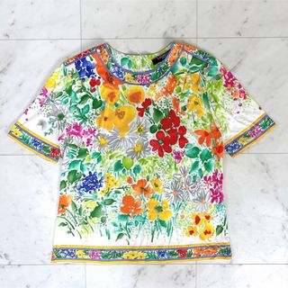 レオナール Tシャツ カットソー トップス 花柄 トリム コットン 半袖  M