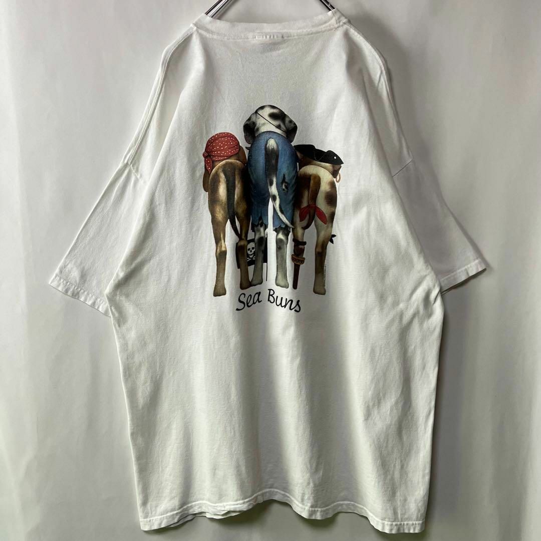 Hanes(ヘインズ)のドッグTシャツ アニマルプリント　　XLサイズ　古着　ホワイト　犬　ヘインズ メンズのトップス(Tシャツ/カットソー(半袖/袖なし))の商品写真