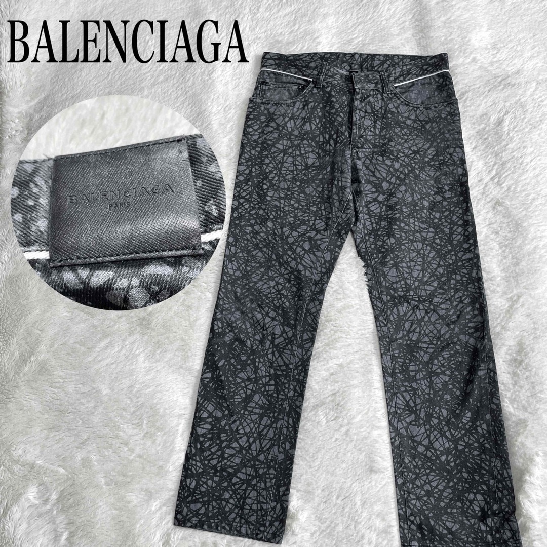 Balenciaga(バレンシアガ)の希少 BALENCIAGA ペイント レザー ロゴ デニムパンツ スキニーパンツ メンズのパンツ(デニム/ジーンズ)の商品写真